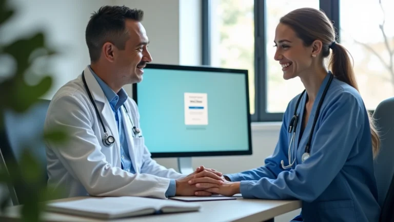 Healthcare professional assisting patient at computer in medical office, patient portal login screen visible, HIPAA-compliant secure environment, professional medical setting with modern technology