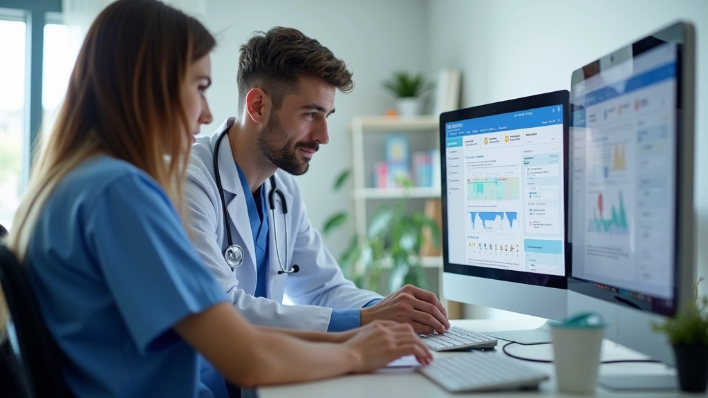 Healthcare provider and patient reviewing medical records together on computer monitor, patient portal dashboard displayed, c