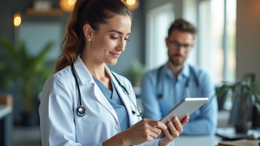 Professional woman using tablet for virtual medical consultation with doctor on screen, modern home office background, clear video call interface visible
