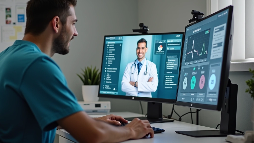 Male patient sitting at desk during video consultation with healthcare provider, computer monitor showing doctor, medical rec