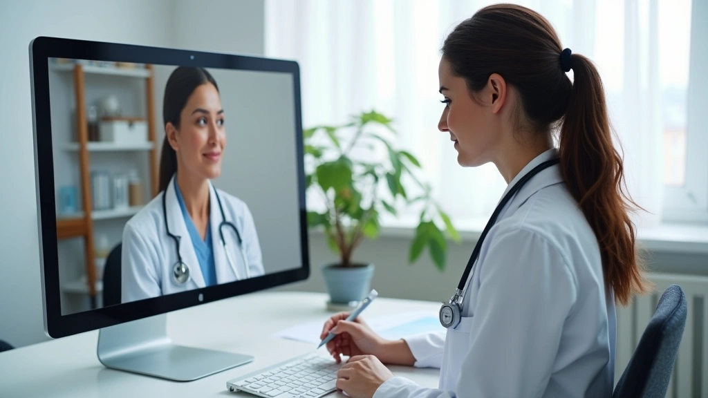 Female doctor in white coat conducting virtual appointment, professional medical office setting, patient visible on computer 