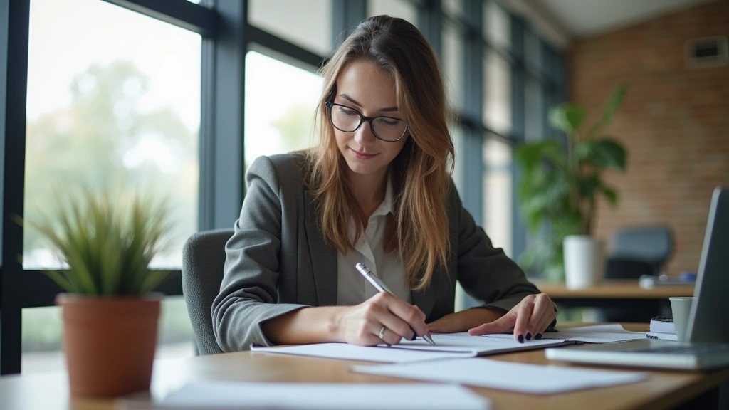 Graduate student in counseling program sitting at desk reviewing clinical case notes in modern university office with natural lighting and professional materials