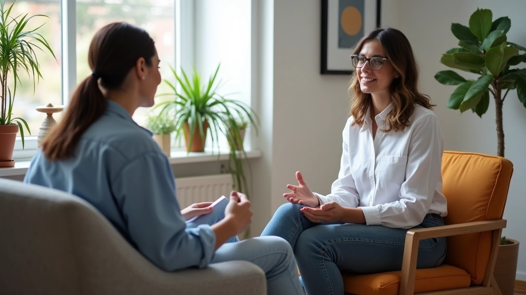 Mental health professional conducting supervised clinical session with client in contemporary therapy office with calming dec