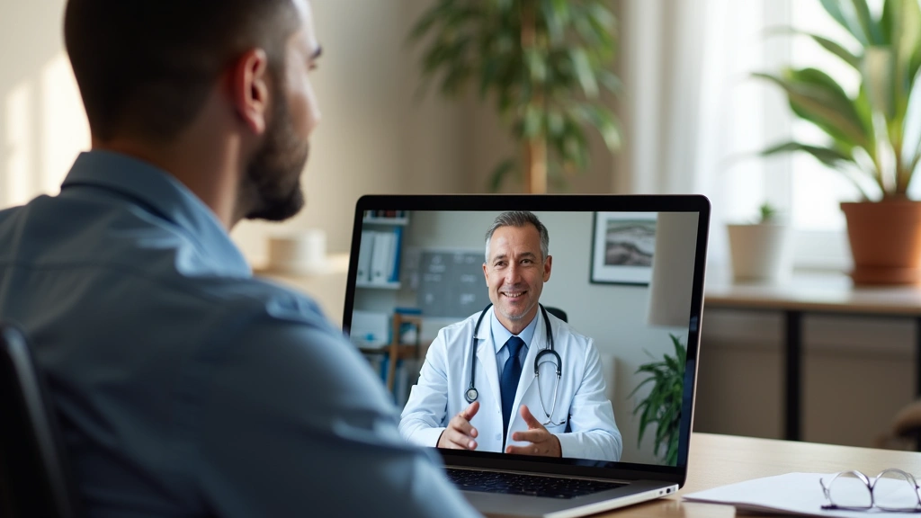 Male patient having video consultation with healthcare provider on laptop in private home office setting