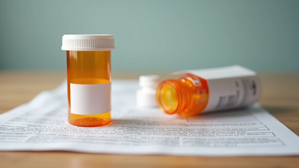 Prescription medication bottle and packaging on wooden surface with healthcare paperwork