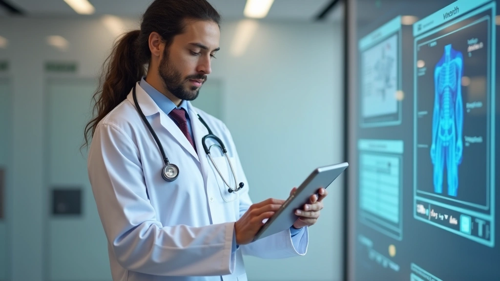 Board-certified physician in white coat reviewing patient health records on digital tablet