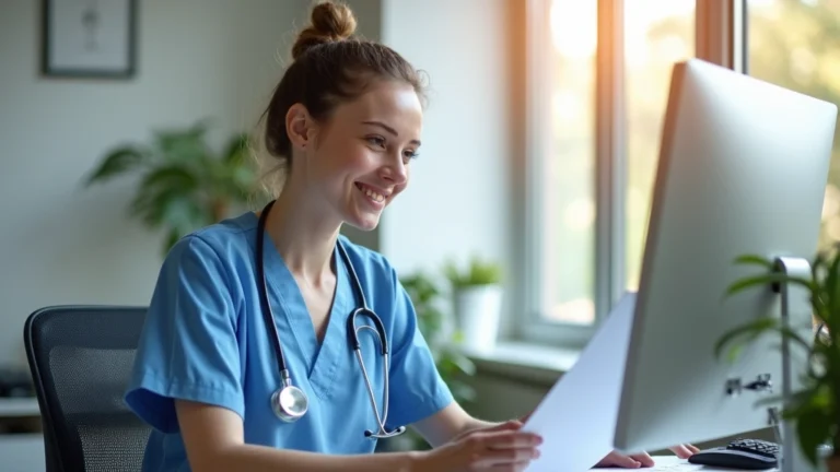 Healthcare administrator verifying patient insurance coverage on computer in modern clinic office with natural lighting