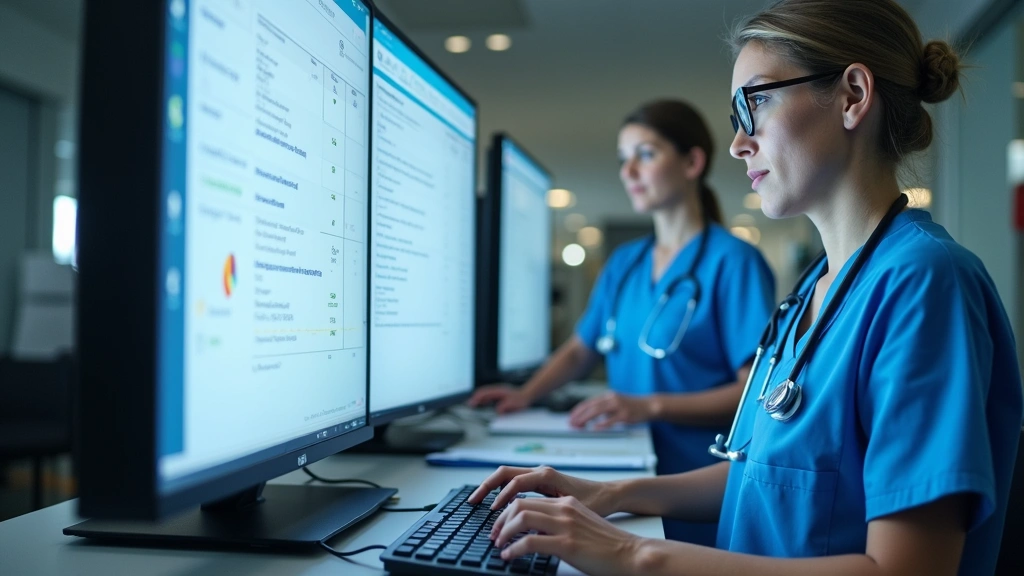 Medical staff reviewing prior authorization details on integrated EHR system in hospital workflow setting