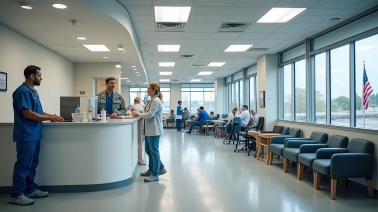Military healthcare clinic interior with patient check-in desk, professional medical staff, modern waiting area with comfortable seating, bright fluorescent lighting, American flag visible