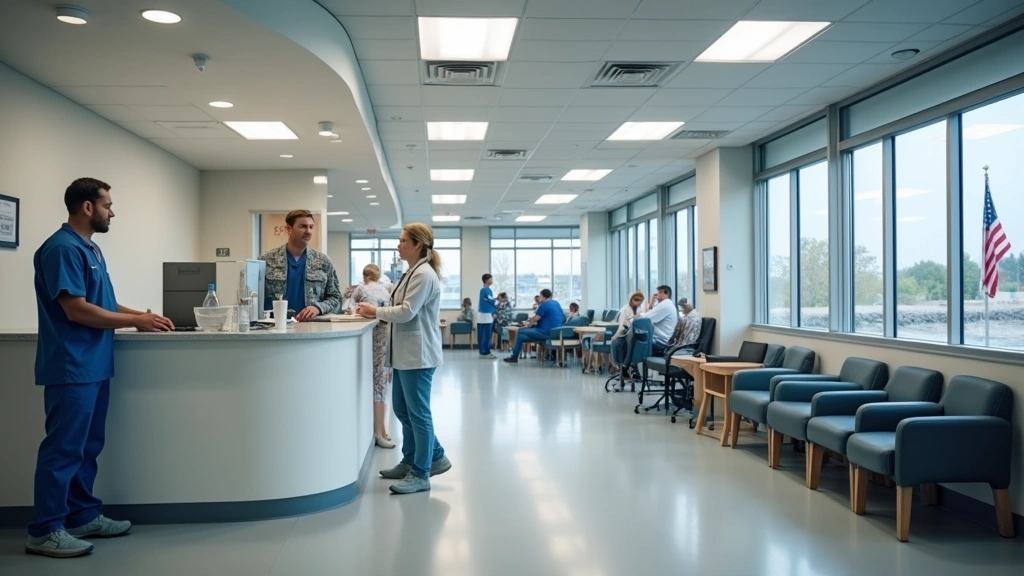 Military healthcare clinic interior with patient check-in desk, professional medical staff, modern waiting area with comforta