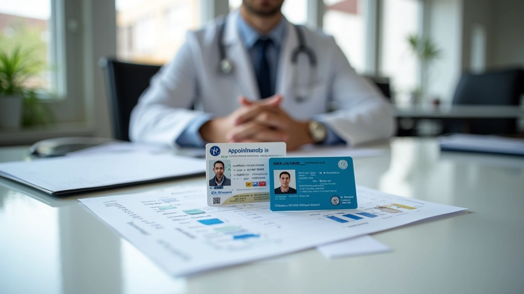 Military ID cards and TRICARE insurance cards displayed on desk, appointment scheduling documents, medical forms, professiona