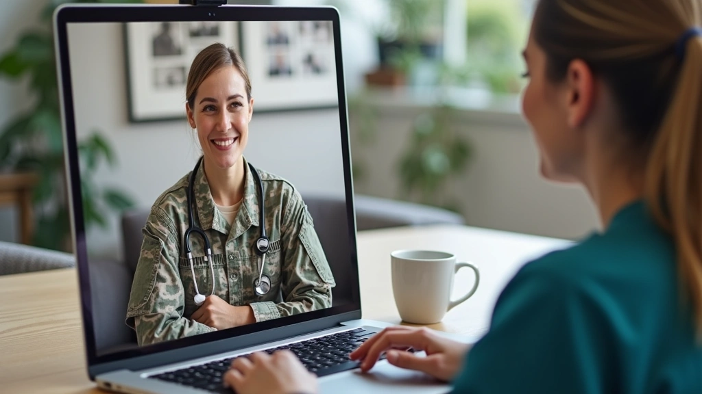 Telehealth appointment setup showing military service member on video call with healthcare provider, laptop computer, home of