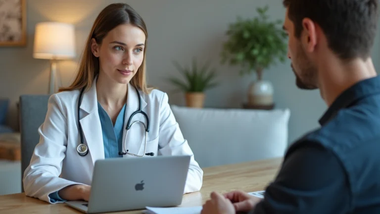 Professional therapist conducting virtual telehealth session with patient on laptop in modern clinical office setting, calm lighting, healthcare environment