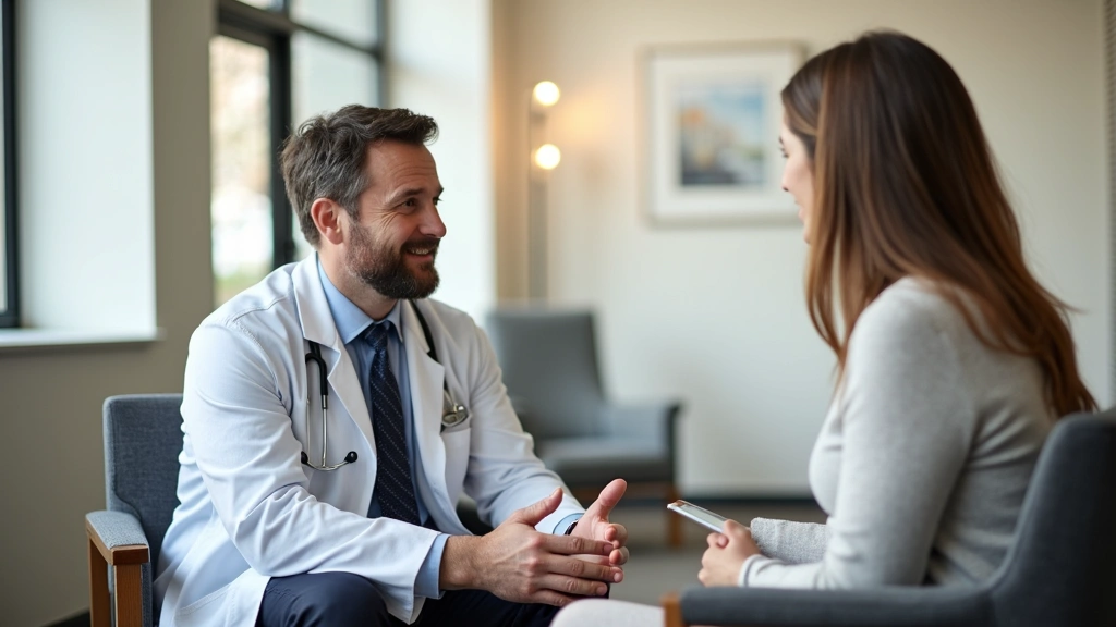 Mental health professional in white coat consulting with patient in comfortable outpatient clinic waiting area, Rochester med