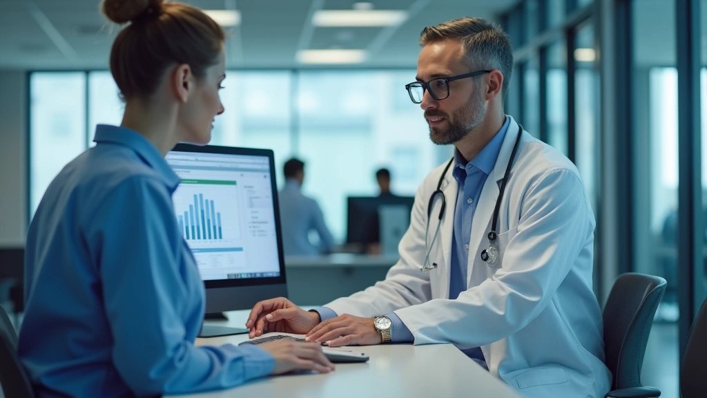 Professional healthcare worker at computer terminal reviewing patient information in modern hospital office setting