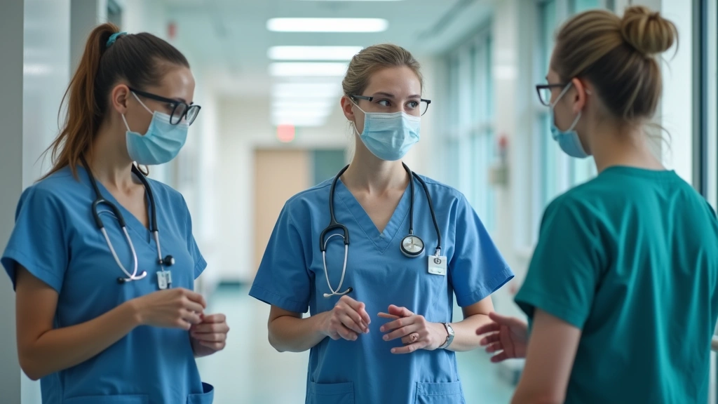 Diverse medical team in scrubs collaborating during patient care rounds in bright hospital corridor