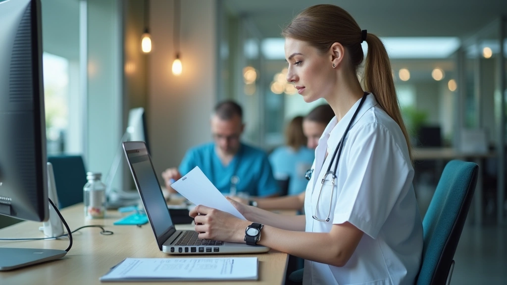 Nurse manager reviewing staffing schedule at workstation in contemporary healthcare facility break room