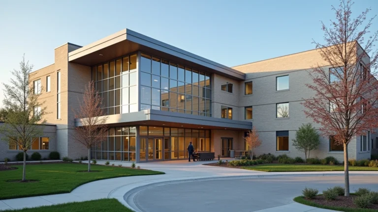 Professional psychiatric hospital building exterior in Wisconsin, modern healthcare architecture, natural lighting, welcoming entrance, medical facility setting