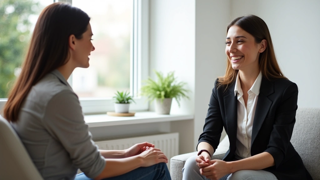Licensed therapist conducting individual counseling session with patient in bright clinical office, compassionate care enviro