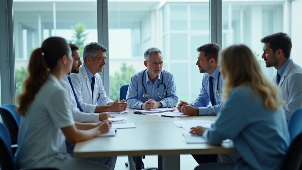 Multidisciplinary medical team in psychiatric hospital conference room reviewing patient care plans, clinical collaboration, 