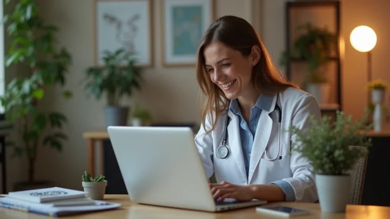 Professional female therapist conducting virtual telehealth session on laptop in modern clinical office with plants, warm lighting, secure HIPAA-compliant healthcare setting