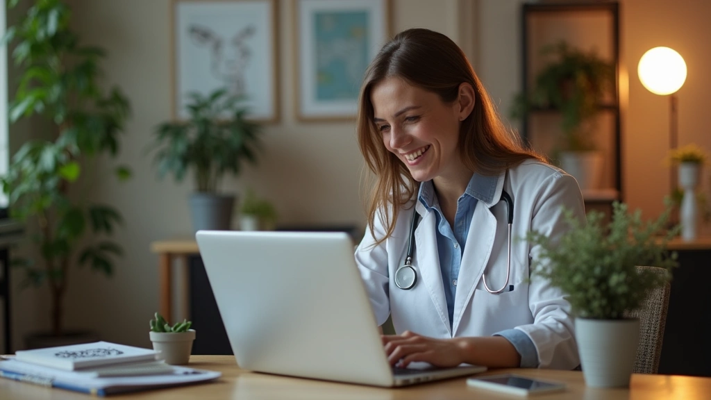 Professional female therapist conducting virtual telehealth session on laptop in modern clinical office with plants, warm lighting, secure HIPAA-compliant healthcare setting