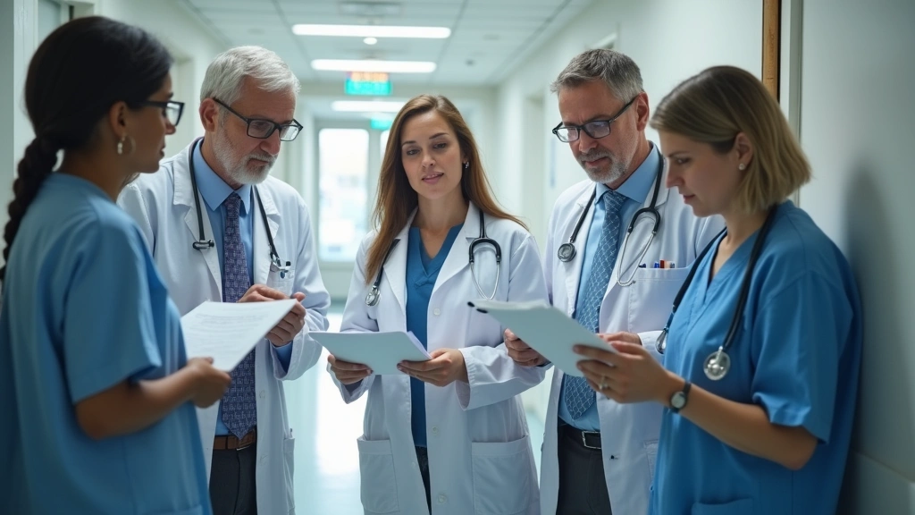 Diverse group of mental health professionals including psychiatrist and therapists in hospital hallway reviewing patient trea