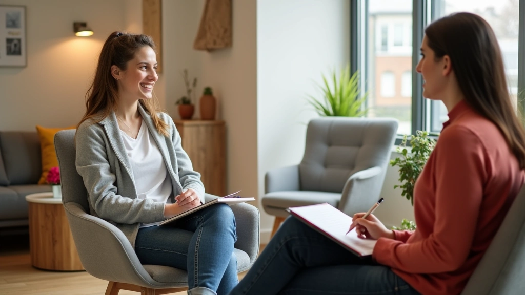 Young adult in comfortable outpatient therapy session with counselor in modern wellness center, warm colors, therapeutic envi