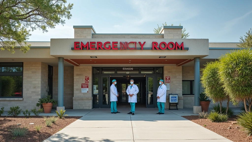 Rural hospital emergency room entrance with medical staff, professional healthcare setting, no text or signage visible, daylight exterior shot