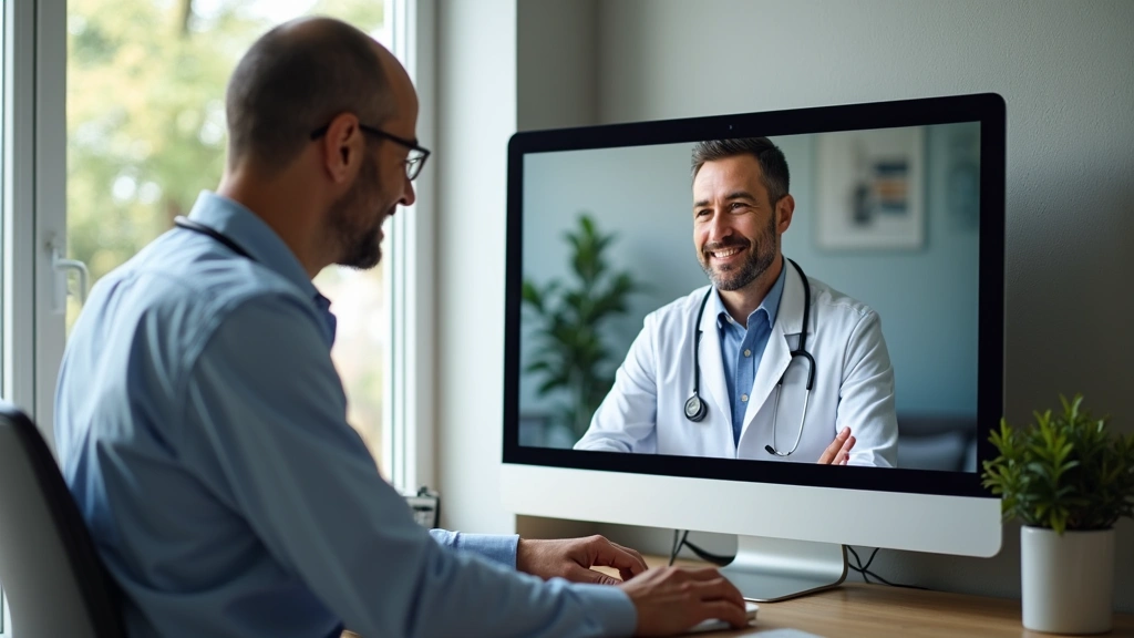 Doctor conducting telemedicine consultation on computer screen with patient at home, modern home office setup, healthcare pro