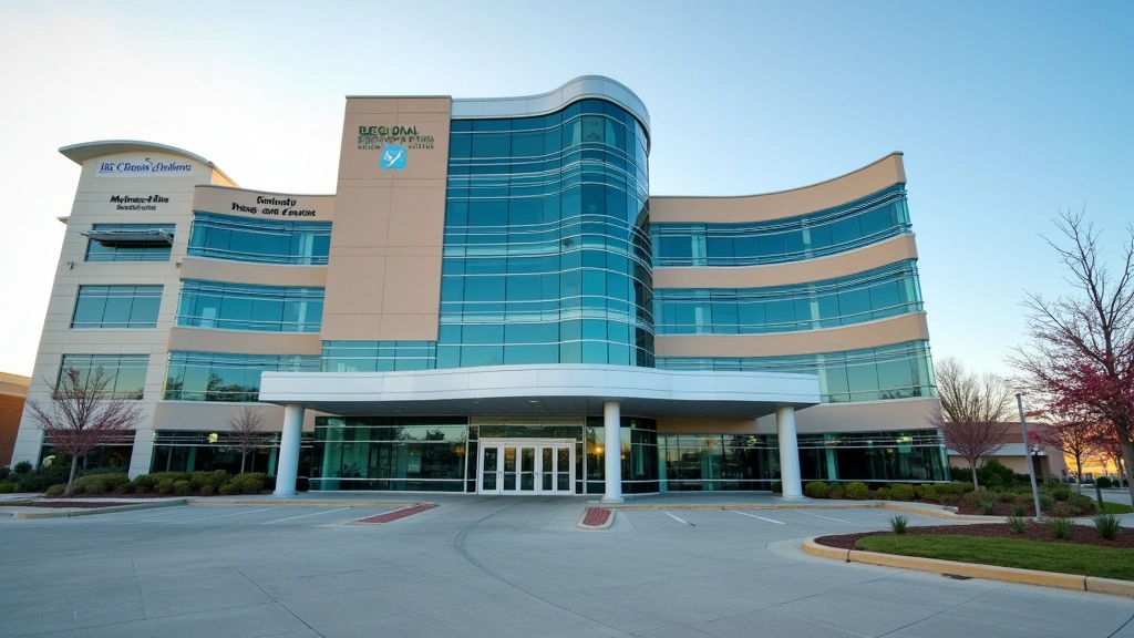 Regional medical center building exterior, modern healthcare facility architecture, clear daytime view, professional medical 