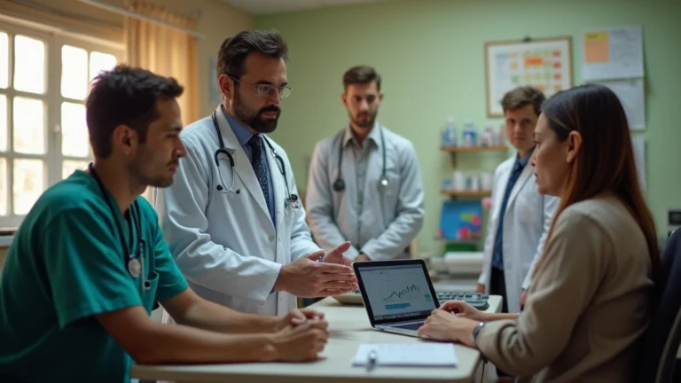 Rural clinic interior with diverse healthcare providers consulting with patient in examination room, warm professional lighting, modern but modest medical equipment