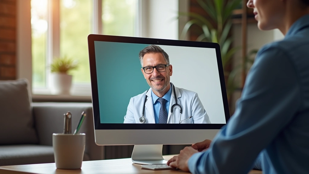 Telemedicine consultation showing rural patient on video call with urban specialist, comfortable home setting with computer s