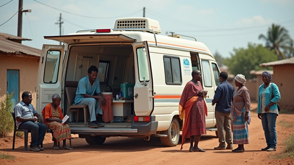 Rural mobile health clinic van parked in community setting with patients waiting outside, professional medical environment, n