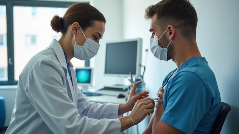 Professional healthcare worker administering vaccine to adult patient in modern clinic setting with medical equipment visible