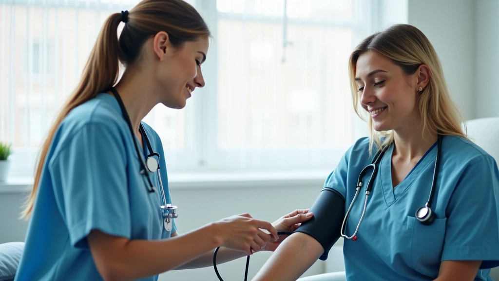 Female patient having blood pressure checked by nurse in bright, clean health department examination room