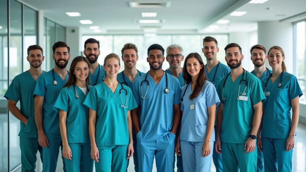 Diverse group of healthcare professionals in medical uniforms standing together in modern public health facility