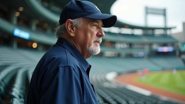 Professional baseball stadium, retired player in coaching attire reviewing game footage, modern sports medicine facility visible, daytime lighting, focused expression