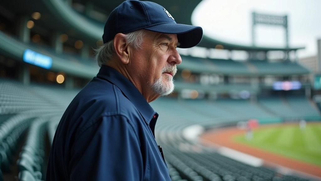 Professional baseball stadium, retired player in coaching attire reviewing game footage, modern sports medicine facility visible, daytime lighting, focused expression