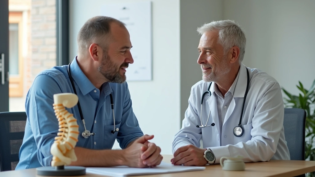 Healthcare professional discussing injury recovery with middle-aged patient in modern medical office, anatomical spine model 
