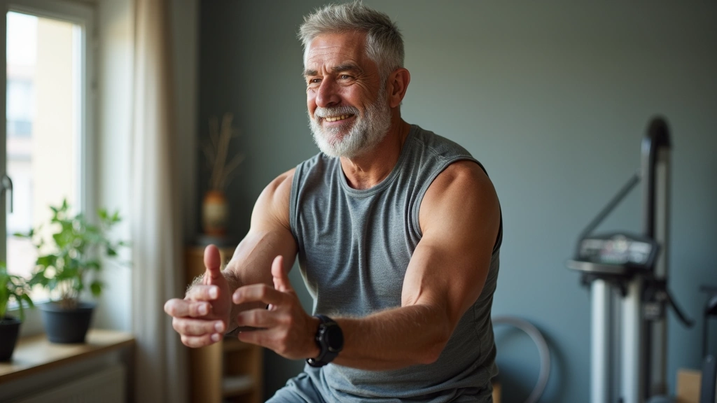 Active senior male in athletic wear doing light exercise or stretching routine in home gym environment, good posture, wellnes
