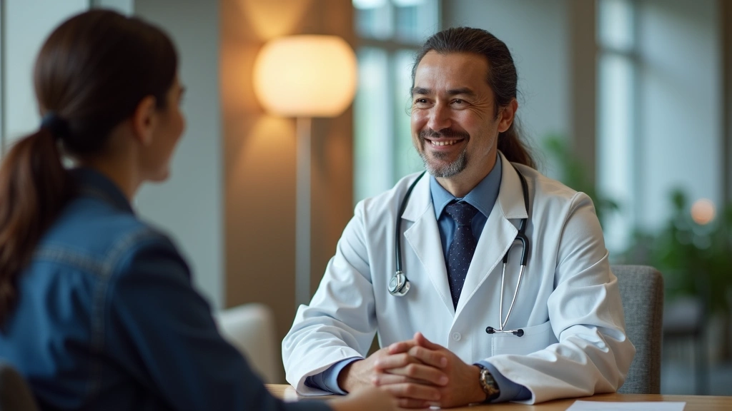 Professional Native American healthcare provider conducting patient consultation in modern medical clinic with warm lighting and welcoming environment