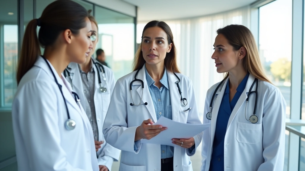 Diverse medical team in white coats collaborating during case review in contemporary healthcare facility with natural dayligh