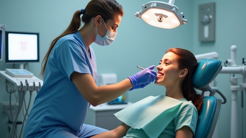 Patient receiving dental examination in state-of-the-art dental operatory with modern equipment and professional dental hygie