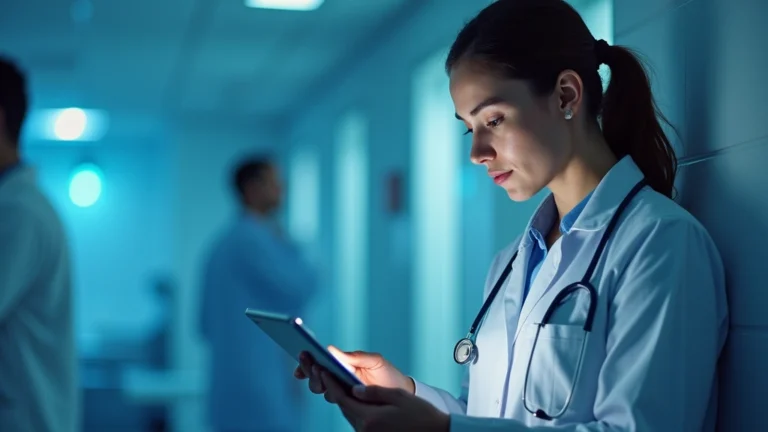 Professional healthcare provider reviewing patient information on tablet in modern clinic setting, soft blue lighting, patient confidentiality focus