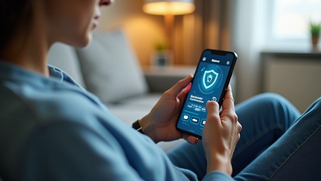 Patient using smartphone to access secure health portal on couch at home, relaxed setting, modern medical technology interfac