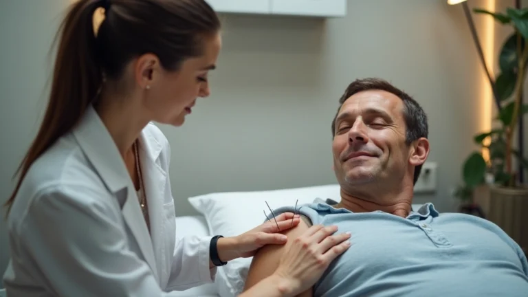 Professional female acupuncturist performing needle treatment on male patient's shoulder in modern medical clinic, warm lighting, sterile environment, patient relaxed expression