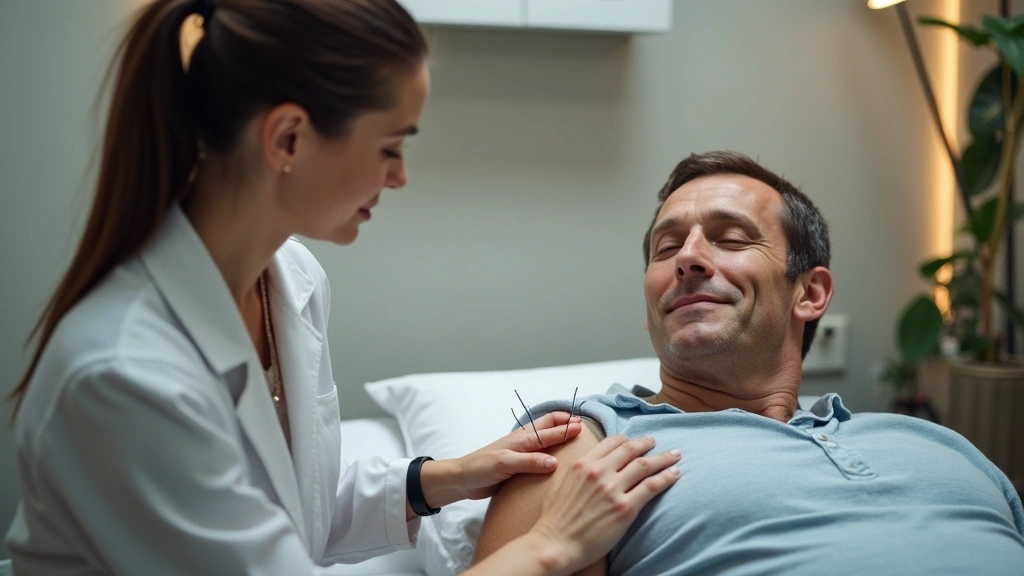 Professional female acupuncturist performing needle treatment on male patient's shoulder in modern medical clinic, warm lighting, sterile environment, patient relaxed expression