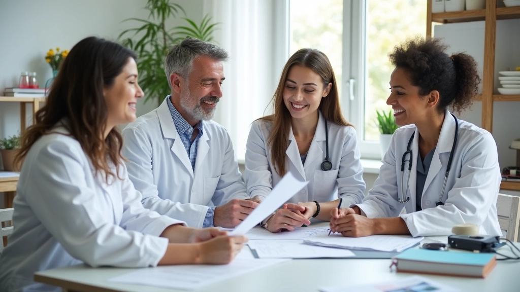 Diverse healthcare practitioners in white coats reviewing patient lab results and health charts at consultation table in brig