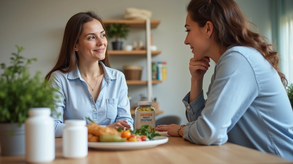 Registered dietitian nutritionist consulting with female patient over healthy meal plan and supplement bottles in contemporar
